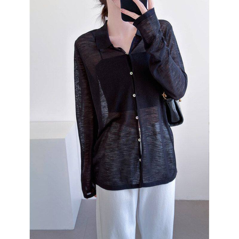 黑色薄款亚麻冰丝针织开衫空调衫女夏季POLO领显瘦凉感防晒衫上衣