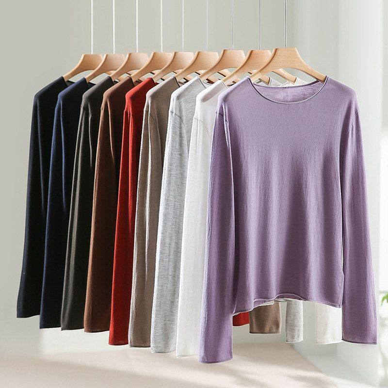 80支可机洗薄款真丝山羊绒圆领长袖女士针织打底衫羊绒衫秋新款