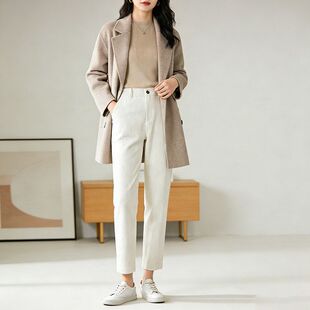 宽松休闲肌理感竖条纹灯芯绒休闲裤女春款直筒复古九分哈伦烟管裤