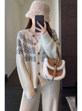 氛围感～慵懒时髦费尔岛提花开衫外套女毛衣25新秋冬F1122D