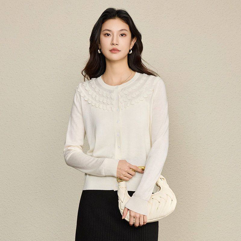 法式优雅气质拼接木耳圆领针织衫