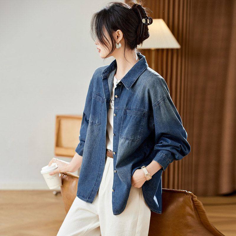 水洗复古牛仔衬衫外套女长袖2025秋冬装新款中长款上衣衬衣,女装/女士精品,短外套,淘宝优惠券,粉丝福利购,淘宝优惠卷