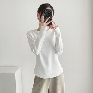 高级感抗皱白色长袖T恤女修身设计感小众收腰白体内搭圆领打底衫