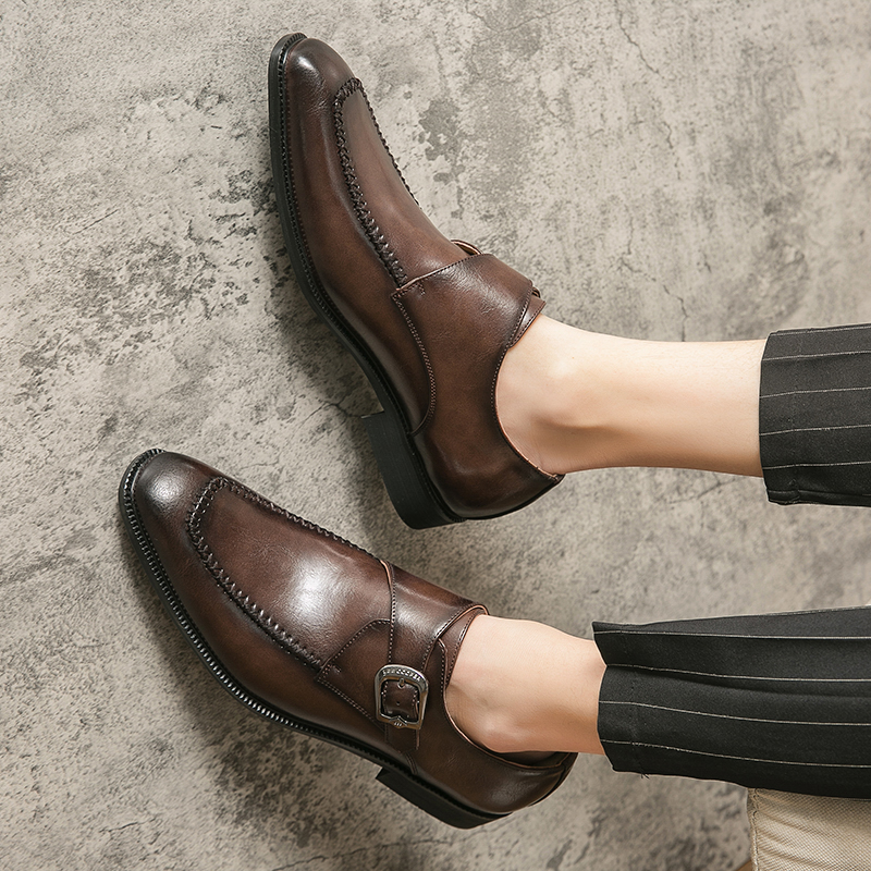 男士尖头皮鞋夏季透气搭扣商务休闲棕色小皮鞋英伦正装潮鞋一脚蹬