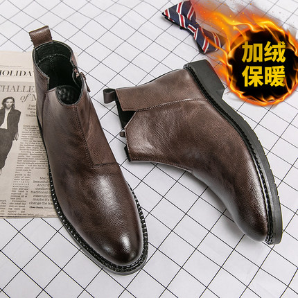 切尔西靴冬季马丁靴男加绒款英伦风高帮保暖男生中帮侧拉链靴子潮