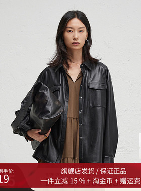 播黑色复古皮质衬衫女2024冬季新款宽松酷飒机车服外套DDR4CD5084