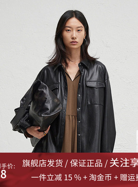 播黑色复古皮质衬衫女2024冬季新款宽松酷飒机车服外套DDR4CD5084