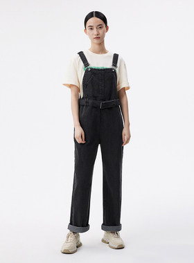 播2022秋季新款可调节收腰直筒裤型黑色背带牛仔裤女DDP4KD4606