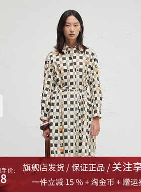 播商场同款松弛感格子翻领连衣裙女24春秋印花长裙BDR3LD3372