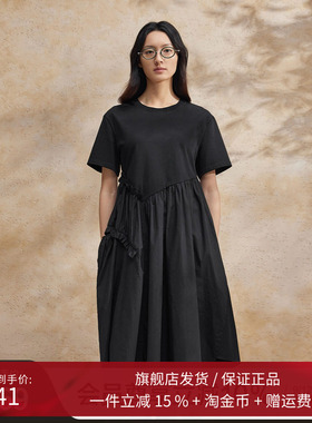 播黑色花边圆领茶歇连衣裙女商场同款休闲短袖A字裙BDR2LD1324