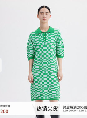 播夏季新款polo领棋盘格图案针织连衣裙女DDQ2LD52098