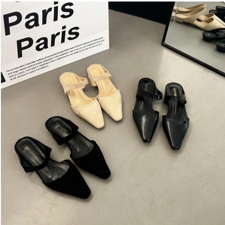 2026春季简约手工鞋凉鞋法式复古小方头穆勒鞋包头拖鞋一脚蹬单鞋