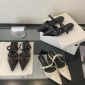 春秋一字扣带粗跟凉拖鞋 韩版 气质尖头金属扣带包头半拖2025年新款