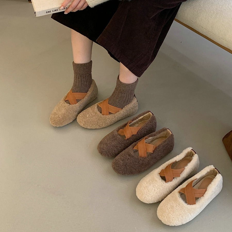 丹麦小熊~加绒交叉带芭蕾舞鞋内增高5cm玛丽珍单鞋女毛毛鞋