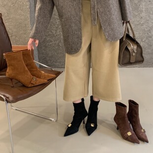 弹力显瘦高级感！黑色尖头金属扣高跟短靴秋冬新品后拉链瘦瘦靴女