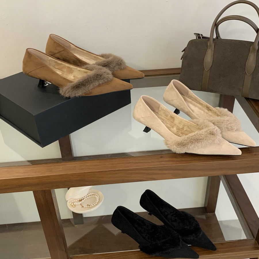 2025秋冬新款黑色高跟鞋尖头性感御姐细跟真毛毛鞋浅口单鞋不累脚