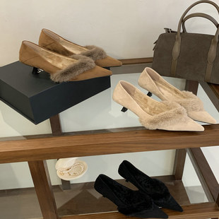 2025秋冬新款黑色高跟鞋尖头性感御姐细跟真毛毛鞋浅口单鞋不累脚