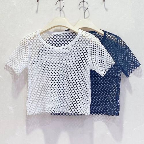小圆领网纱打底衫短袖透视渔网罩衫镂空网格T恤网状网眼上衣女薄