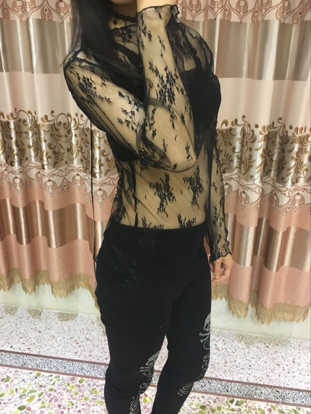镂空黑透视网纱上衣中长款长袖渔网性感高领内搭蕾丝透明打底衫女