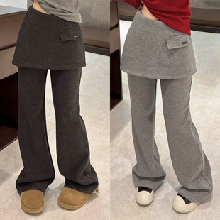 加绒长裤 欧洲站2025冬季 拼接假两件字母定标休闲裤 裙裤 高腰A字版