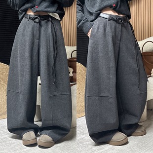 羊腿裤 欧洲站2025冬季 流苏腰带加厚一体绒剪裁压线慵懒毛呢阔腿裤