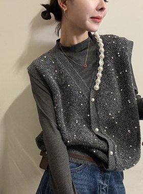 欧洲站2025冬季韩版气质立领灰色长袖打底衫钉珠针织背心两件上衣
