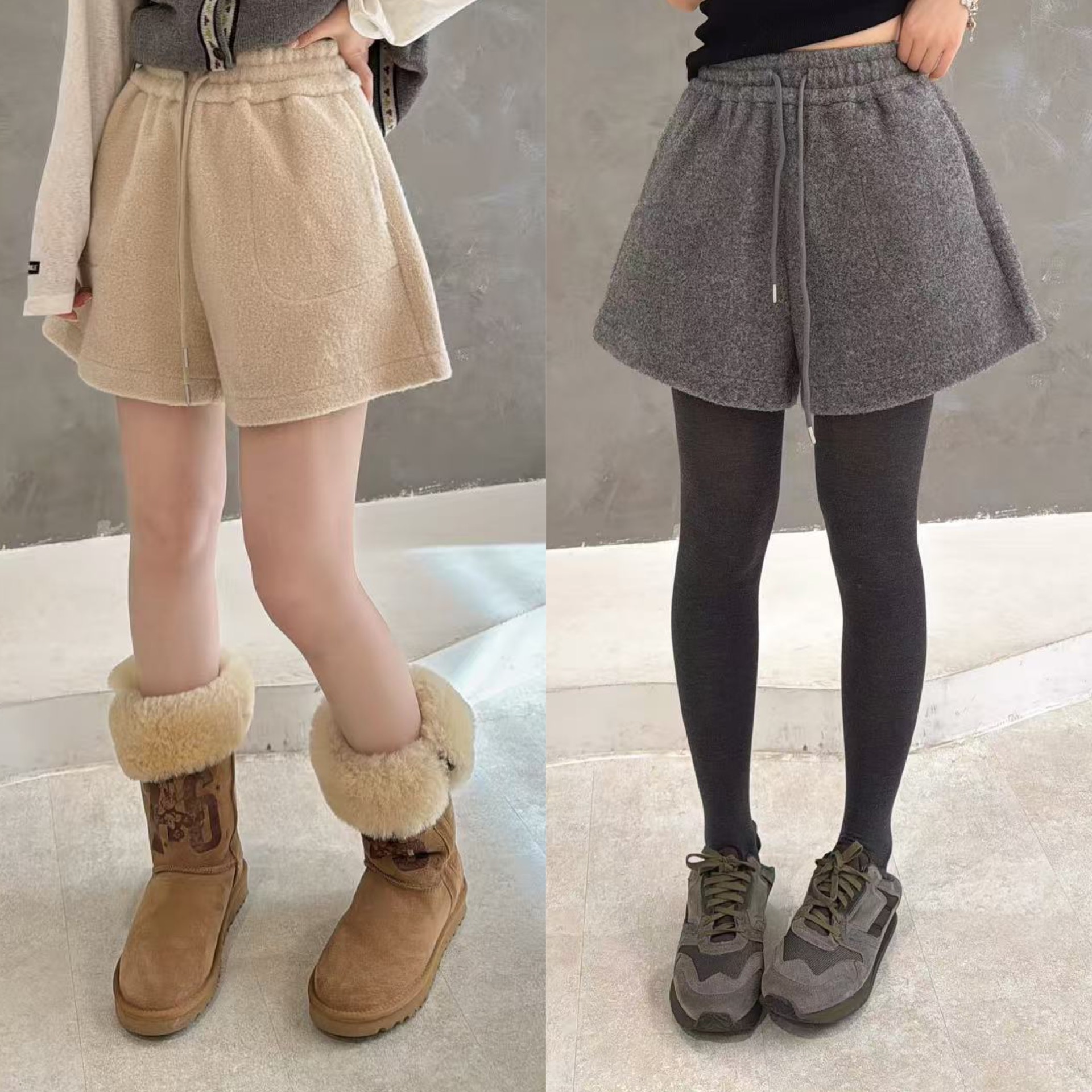 欧洲站2025冬季韩系百搭松紧腰抽绳A字版显瘦软糯舒适休闲裤短裤