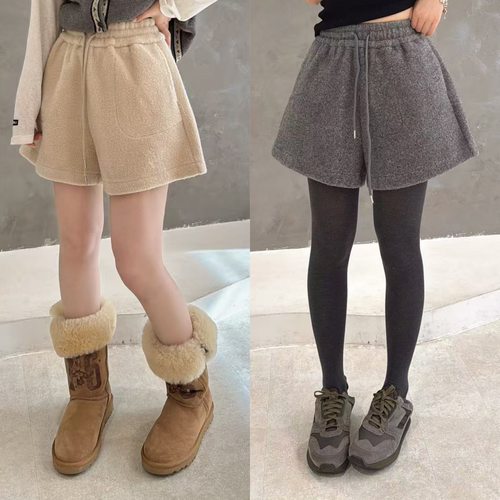 欧洲站2025冬季韩系百搭松紧腰抽绳A字版显瘦软糯舒适休闲裤短裤