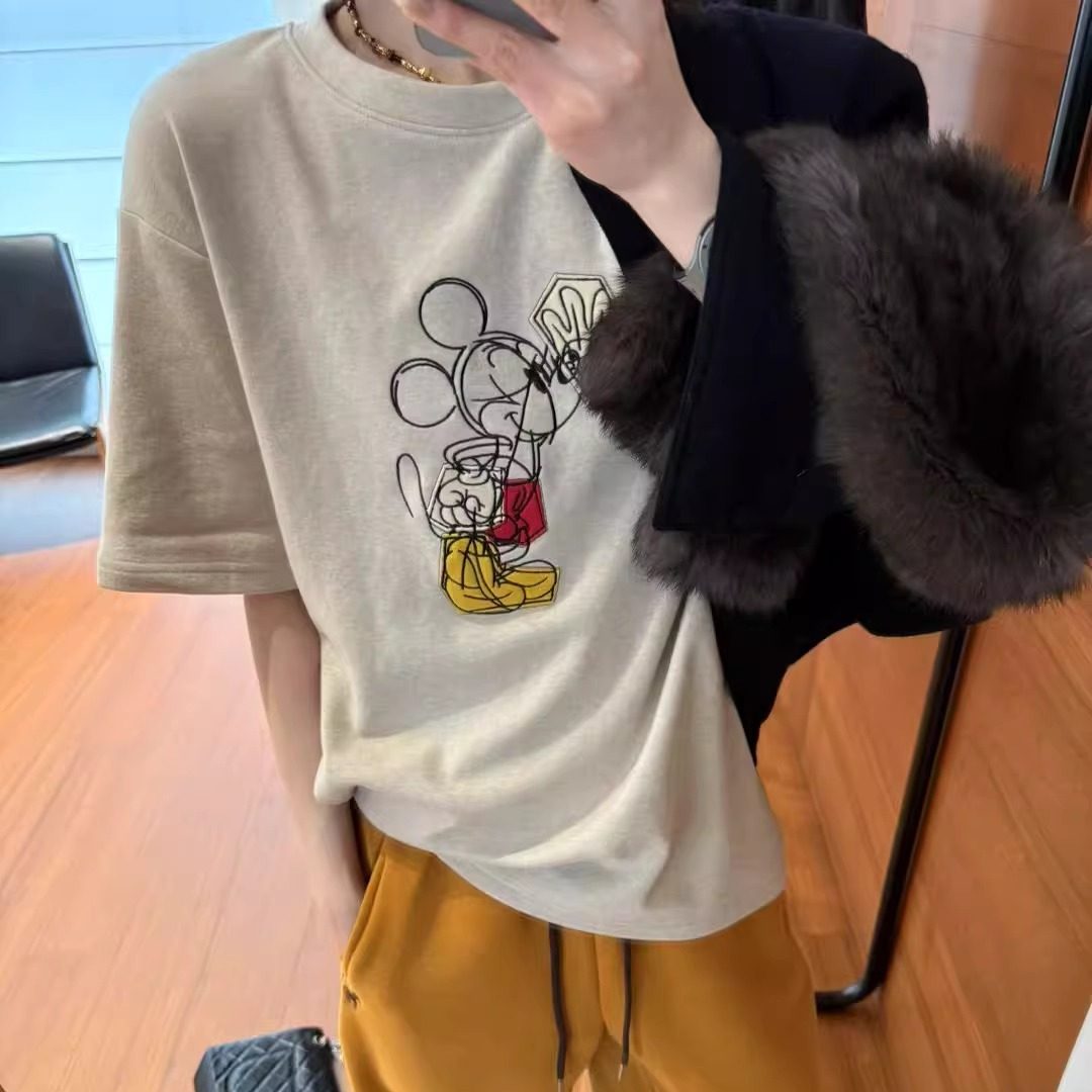 欧洲站2025冬季加厚圆领潮流卡通印花刺绣宽松短袖套头宽松T恤 潮