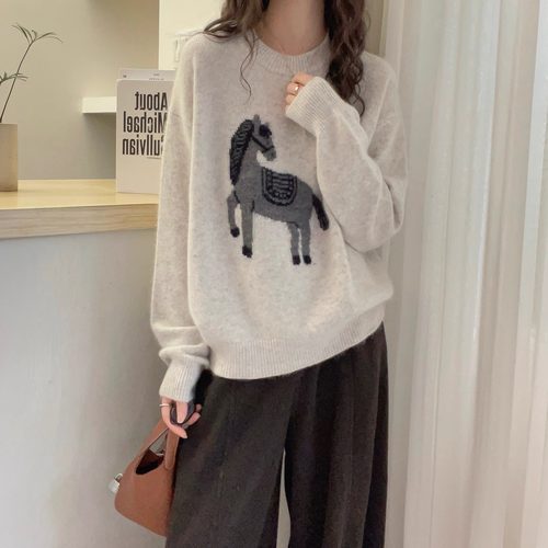 欧洲站2025冬季新款圆领卡通小马提花刺绣羊毛针织衫软糯舒适毛衣