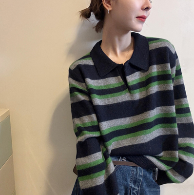 欧洲站2025秋季新款韩版气质POLO剪刀领条纹拼色针织衫套头毛衣女