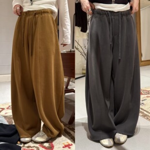 女 松紧腰抽绳前压线脏橘色加厚加绒蚕茧型卫裤 欧洲站2025冬季 新款