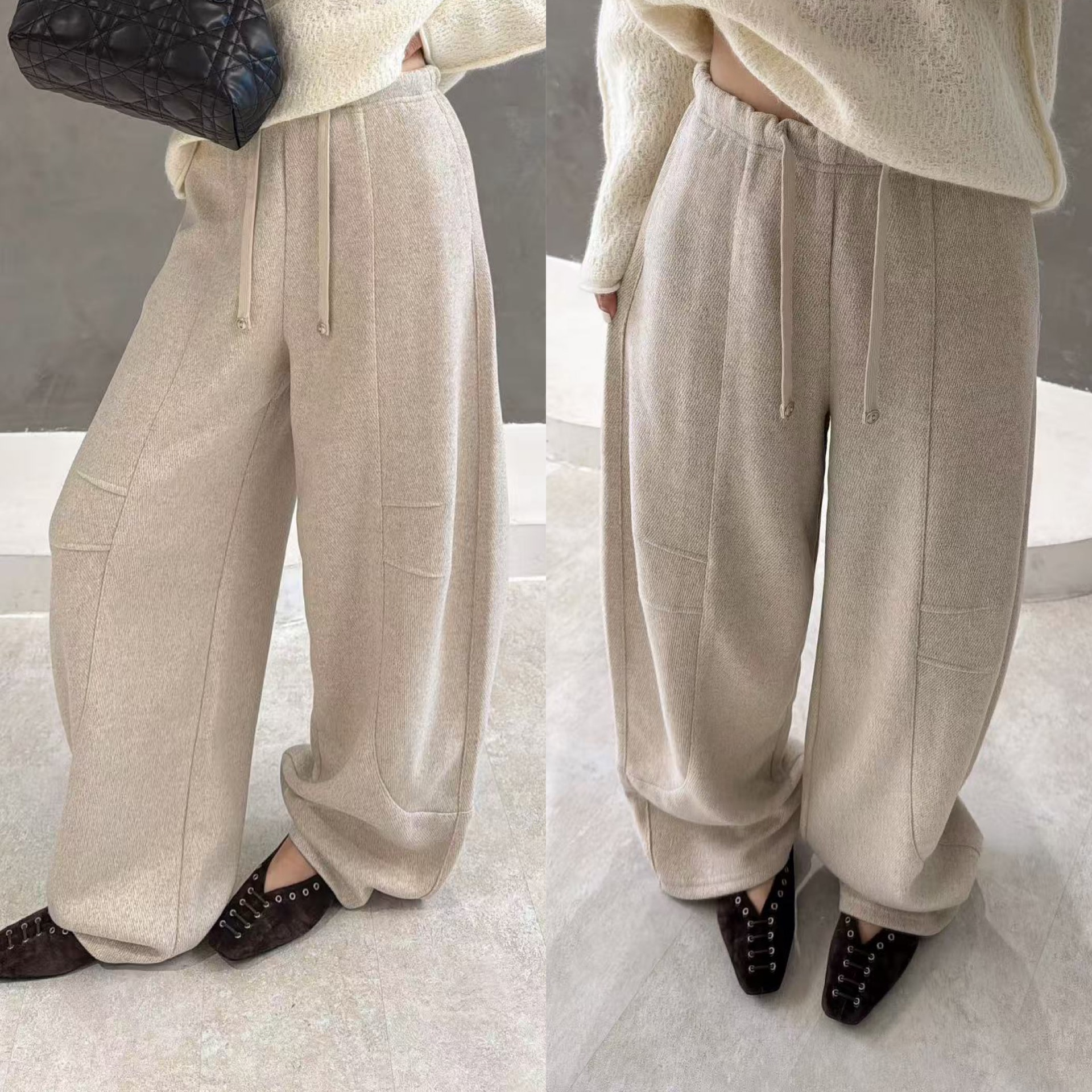 欧洲站2025秋冬新款欧货松紧腰抽绳侧褶皱压线垂感加绒休闲裤长裤