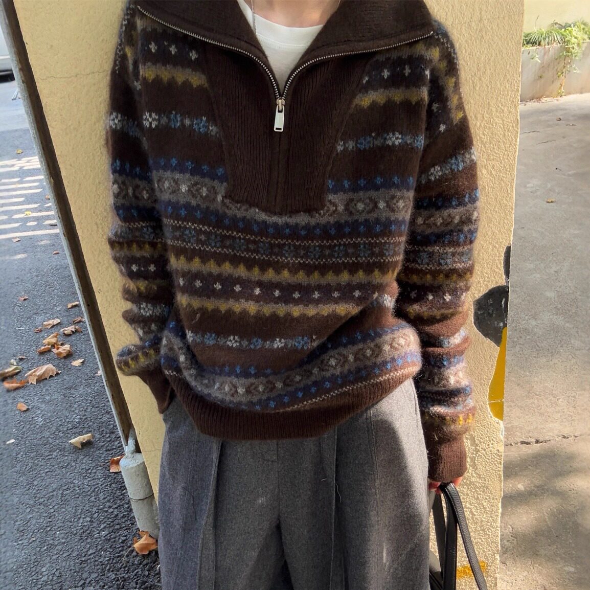 欧洲站2025冬季时尚复古美拉德拼色蜜熊绒针织衫套头半拉链毛衣潮