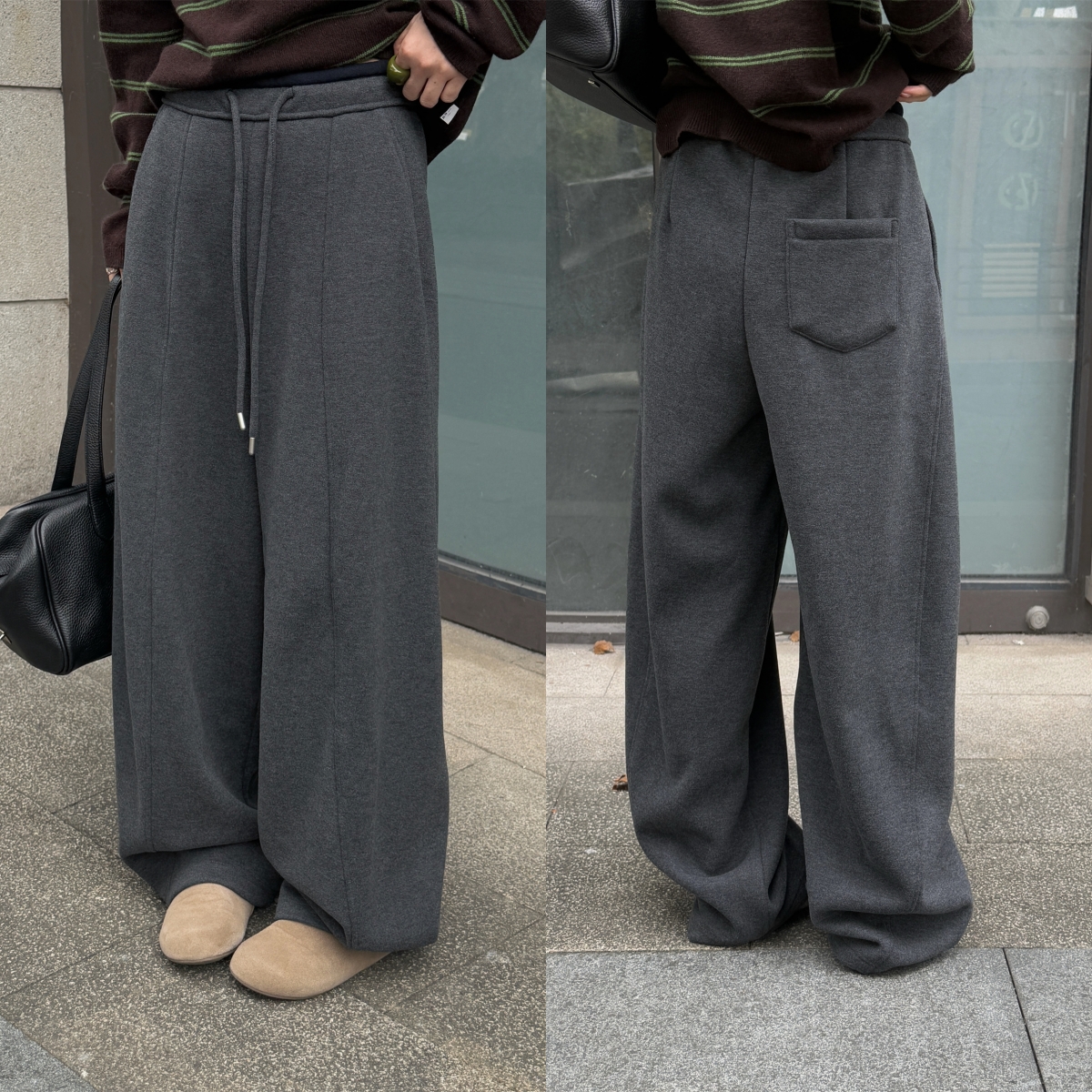 欧洲站2025冬季新款腰头拼接撞色抽绳前压线垂感慵懒加绒休闲裤潮