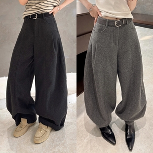 欧洲站2025冬季高腰配腰带口袋褶皱圆弧压线净版休闲羊毛裤阔腿裤