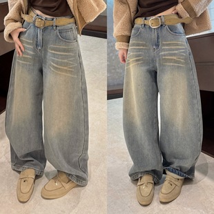 长裤 欧洲站2025冬季 洋气时髦洞洞腰带复古做旧水洗阔腿加绒牛仔裤