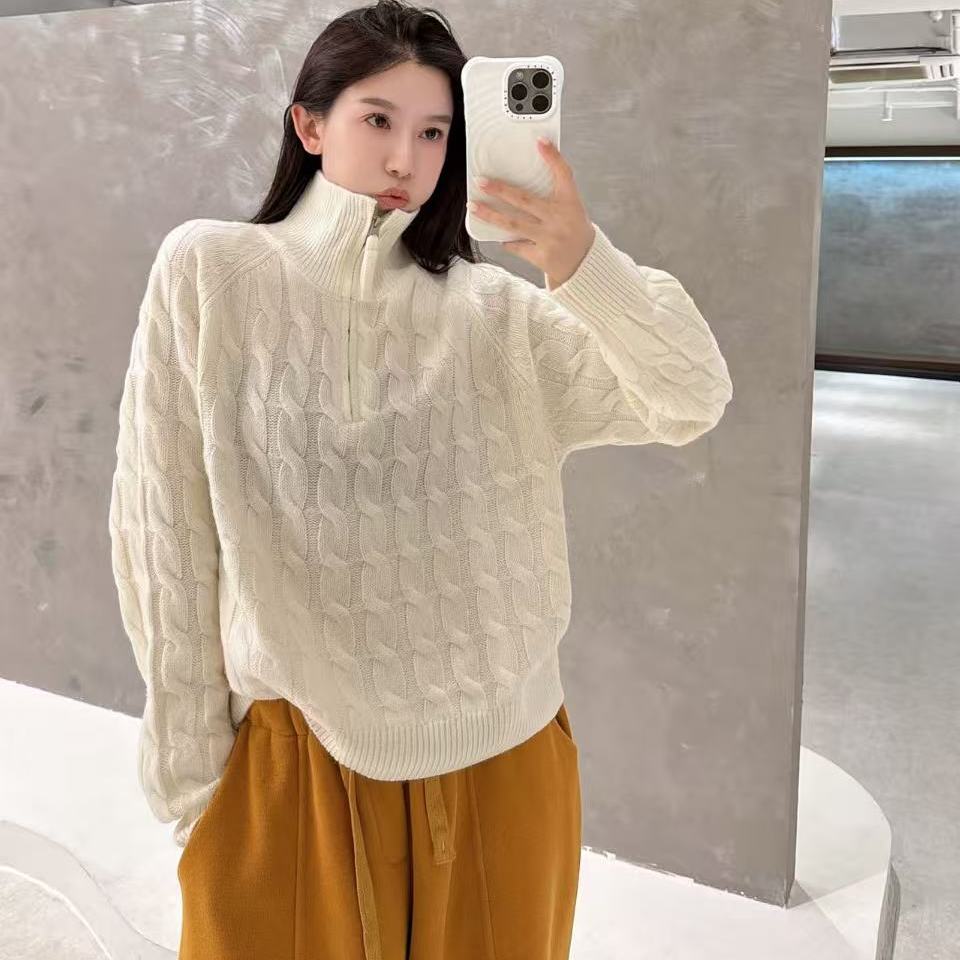 欧洲站2025冬季气质简约高领半拉链设计净版纯色麻花羊毛针织毛衣