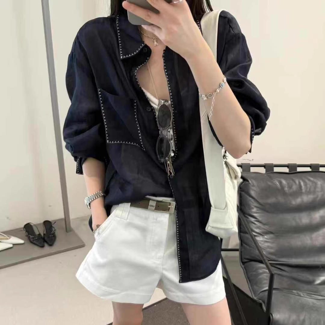 欧洲站2025夏季POLO领大口袋明线刺绣宽松慵懒长袖文艺麻料衬衫女