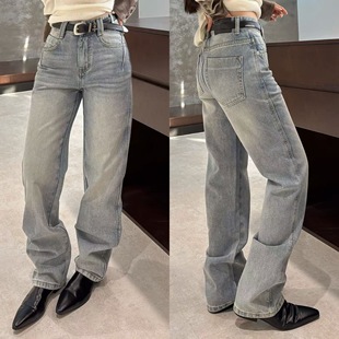 欧洲站2025冬季 潮 高腰黑色皮质定标直筒水汽浅蓝色口袋压线牛仔裤