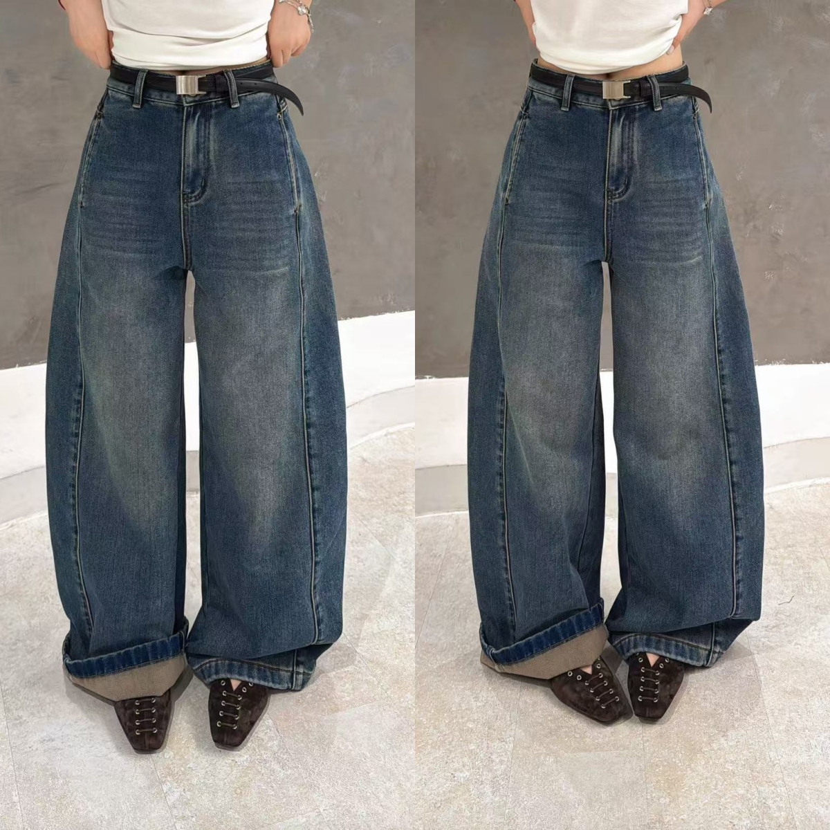 欧洲站2025冬季时尚复古做旧水洗阔腿加厚磨毛牛仔裤欧货时髦长裤