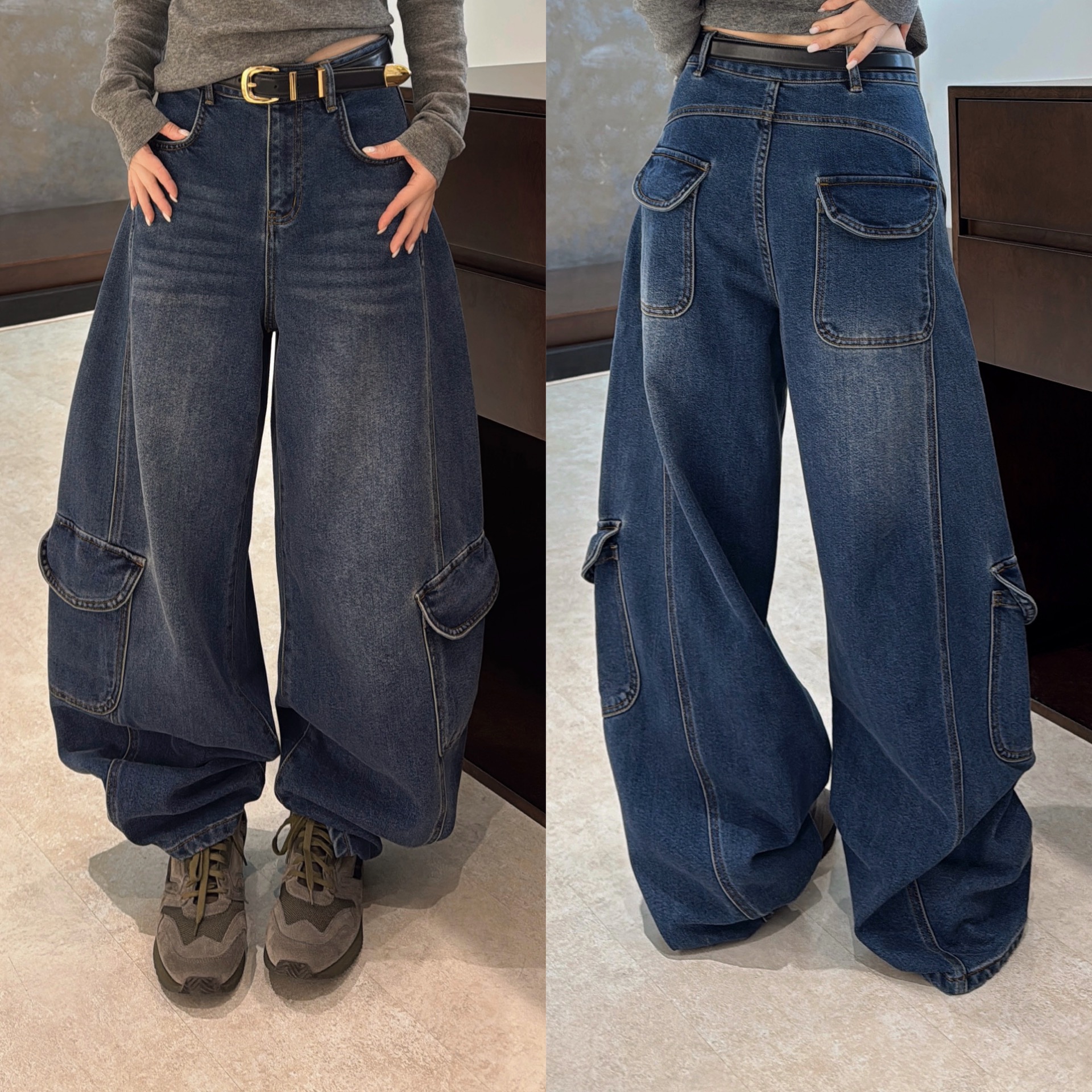 欧洲站2025冬季新款欧货调性时髦大口袋工装牛仔裤加绒休闲长裤女