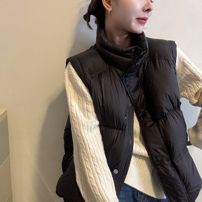 欧洲站2025冬季洋气时尚立领叠穿蓬松感按扣拉链羽绒服马甲外套潮