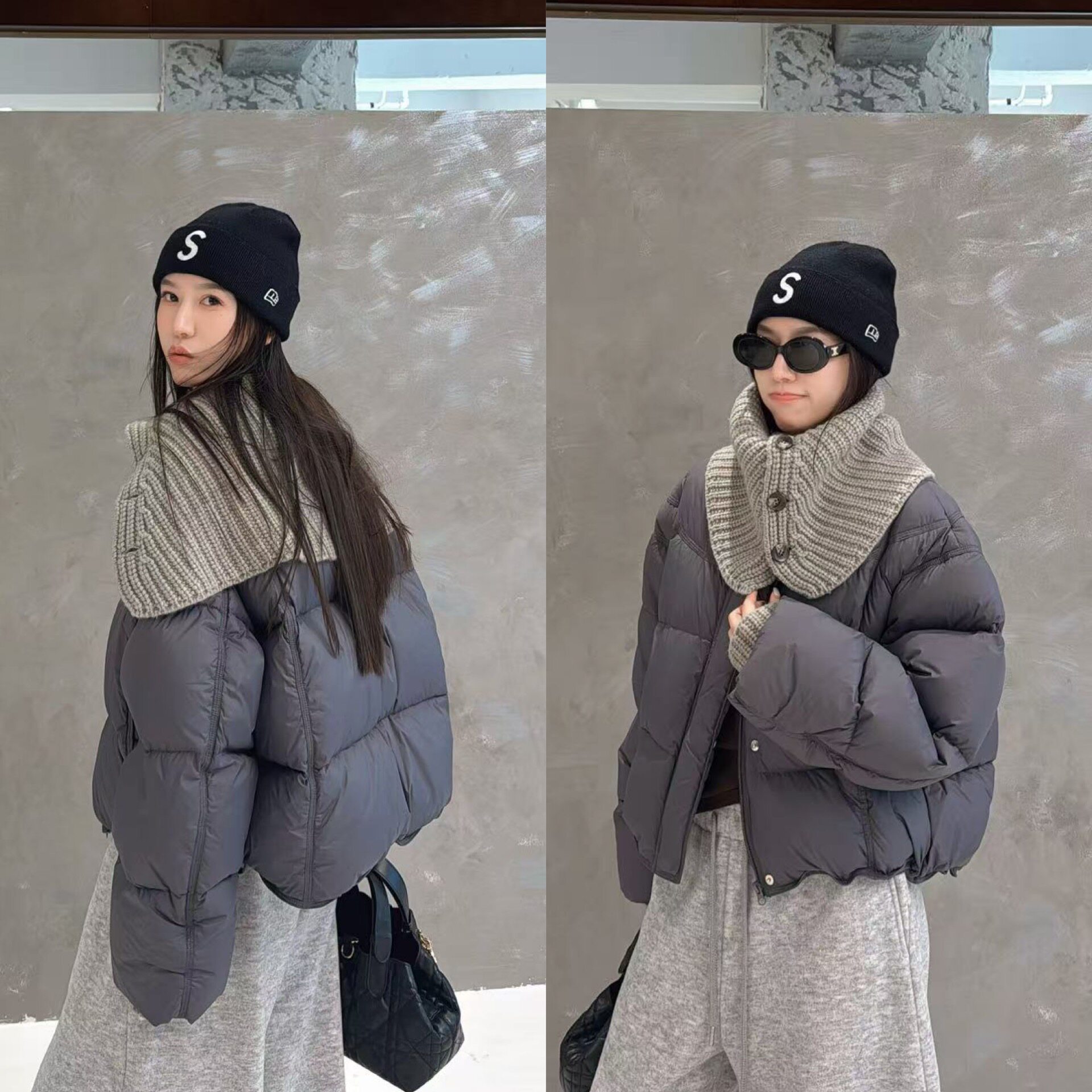 欧洲站2025冬季时尚针织大翻领纽扣设计短款洋气灰色羽绒服外套潮