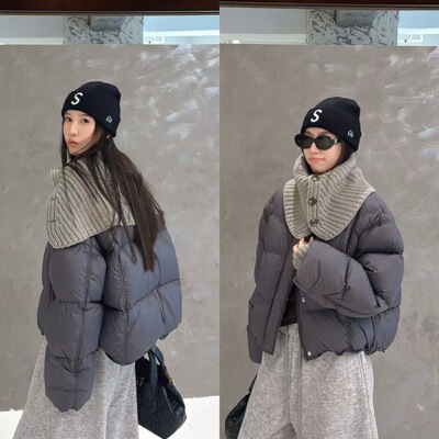 欧洲站2025冬季时尚针织大翻领纽扣设计短款洋气灰色羽绒服外套潮