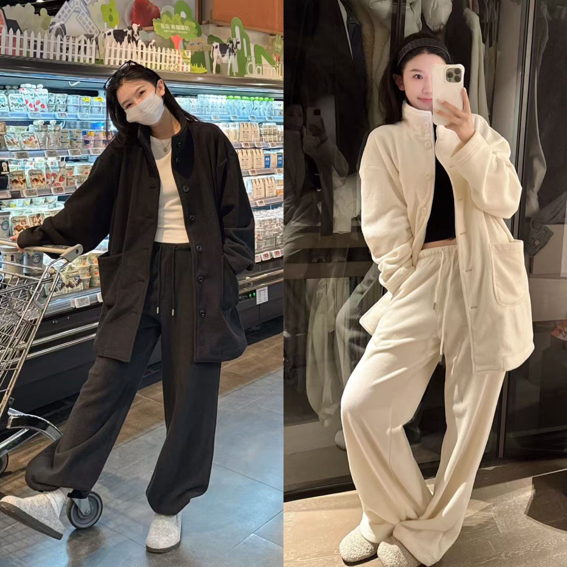 欧洲站2025冬季新款欧货调性慵懒风大口袋排扣毛绒感外穿休闲套装