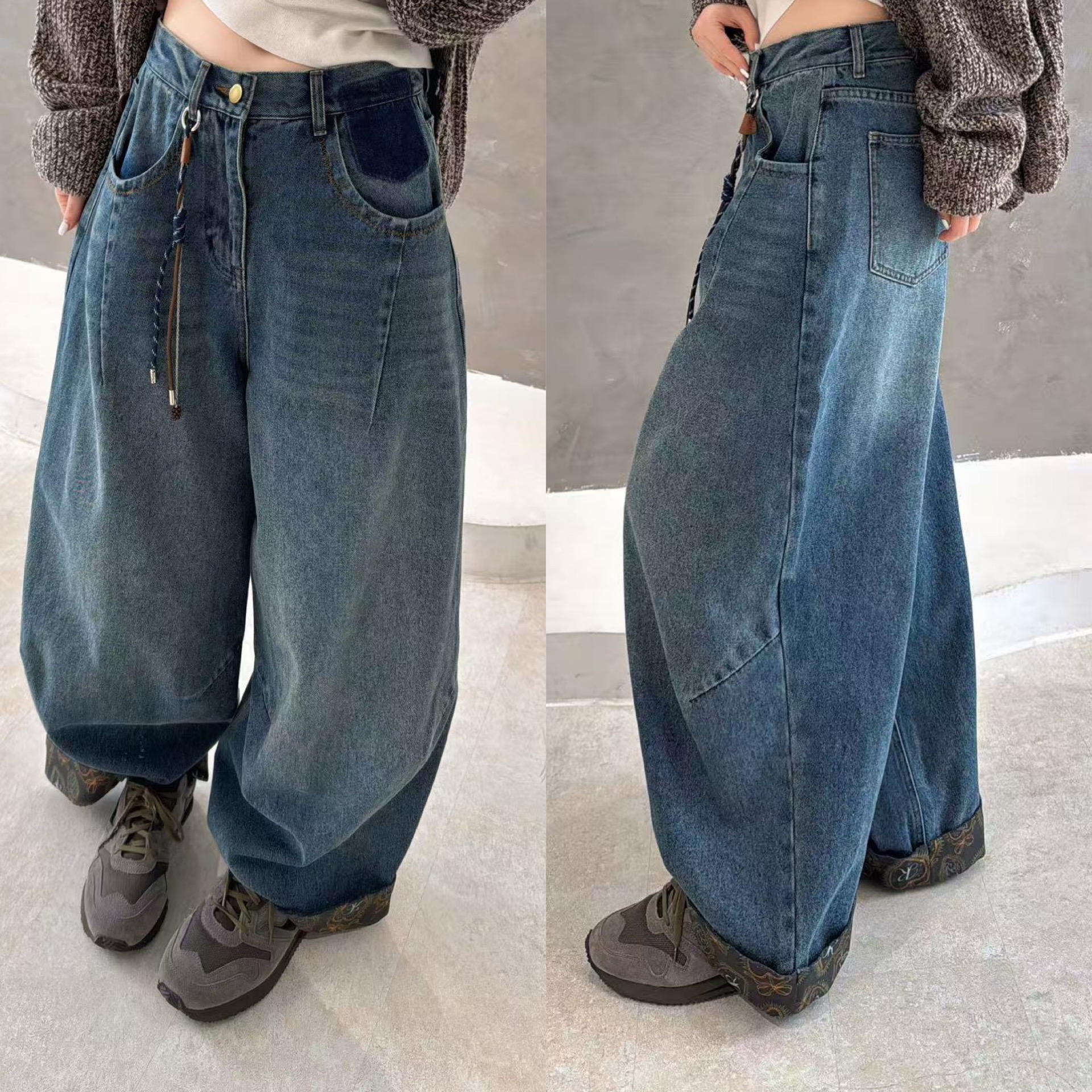 欧洲站2025秋冬新款欧货高腰配挂件裤脚拼色提花复古调性牛仔裤潮