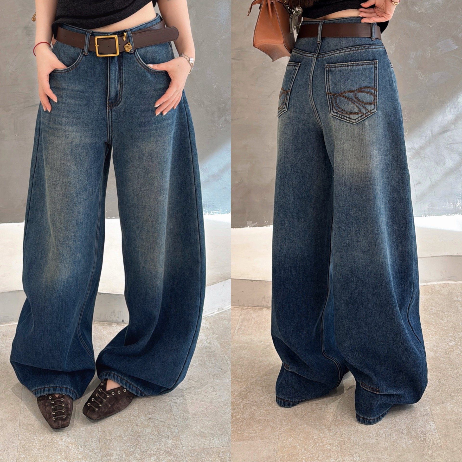 欧洲站2025冬季高腰配腰带做旧水洗加厚一体绒后褶皱百搭牛仔裤潮