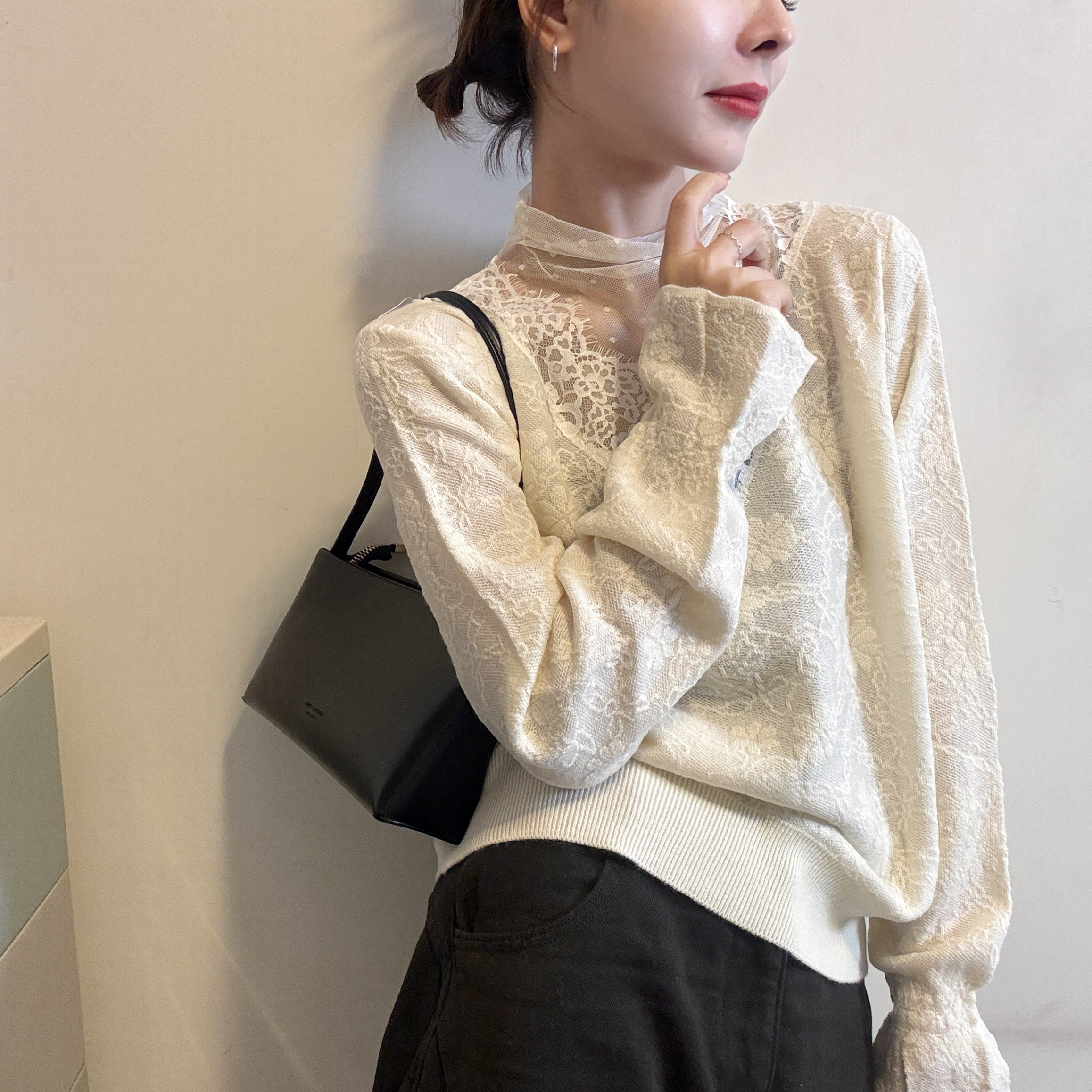 欧洲站2025秋冬气质立领网纱蕾丝拼接微透感百搭水溶羊毛打底上衣