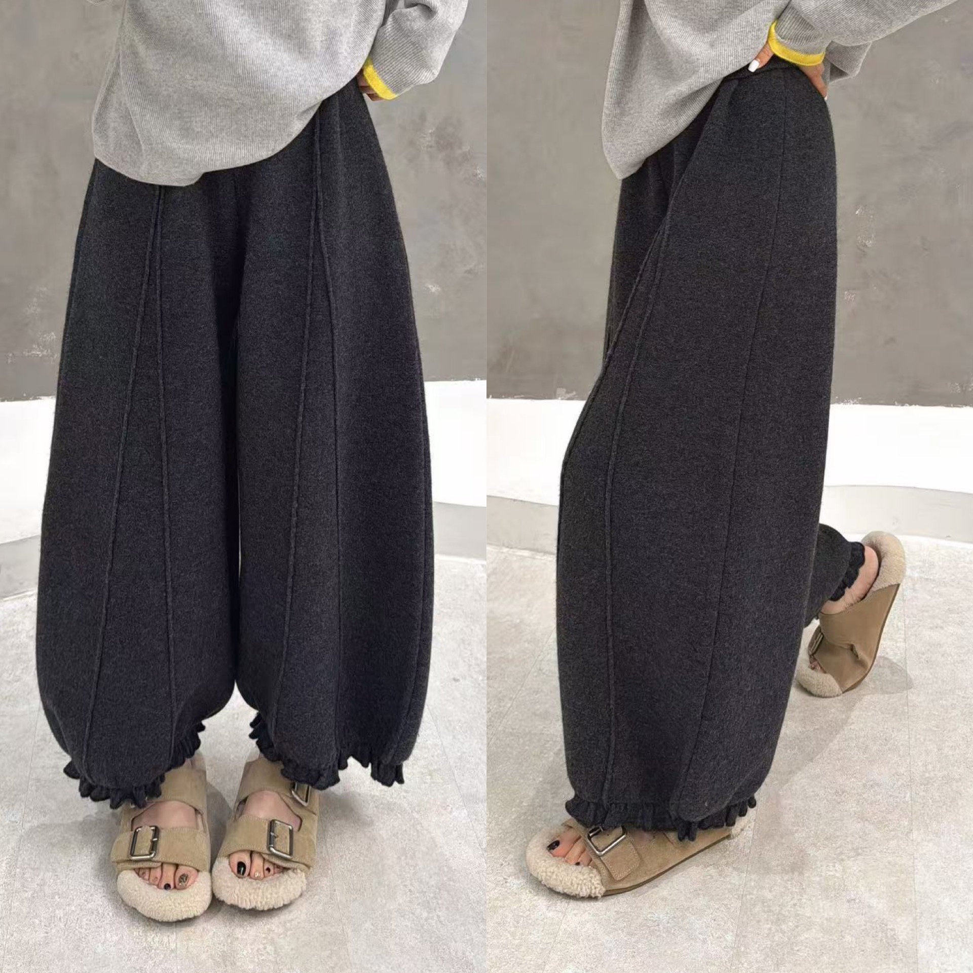 欧洲站2025秋冬欧货高腰阔腿慵懒开叉拼缝木耳边羊毛休闲九分裤潮